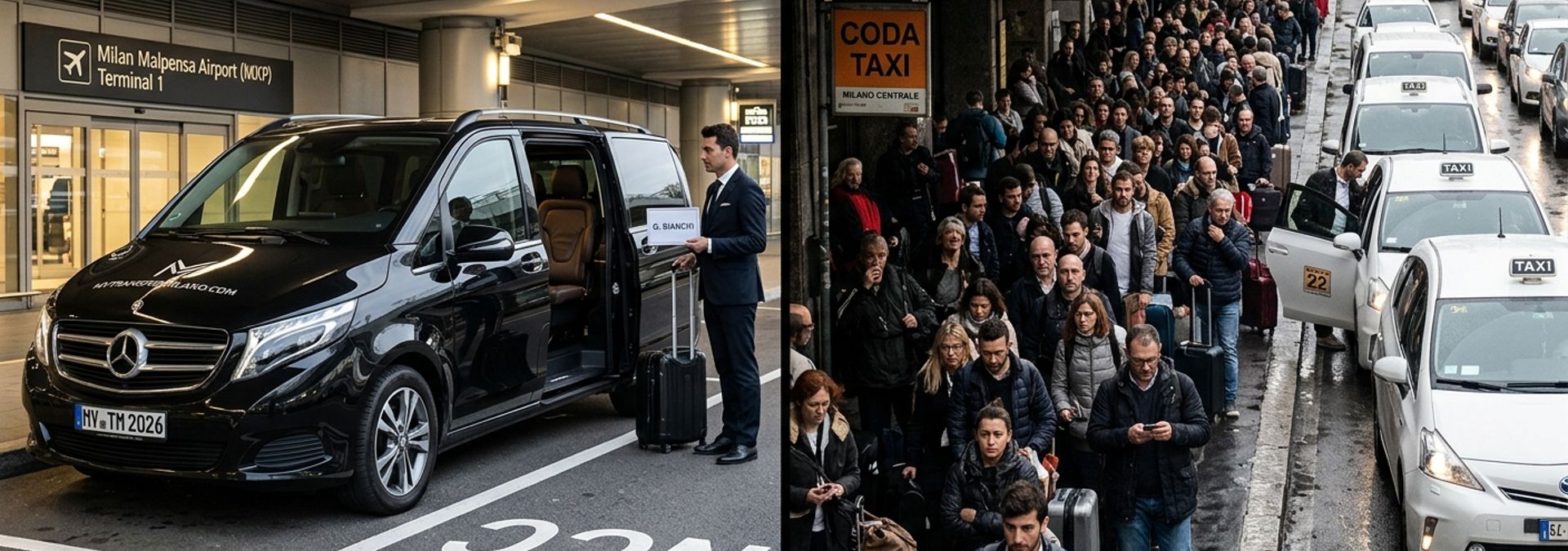 Confronto tra un Van Mercedes nero MyTransferMilano e una lunga coda per i taxi all'aeroporto di Milano.